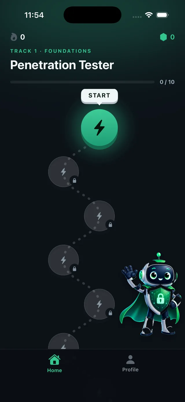 The Cyber Dojo app showing the Penetration Tester learning path, with a Foundations progress bar, an unlocked first lesson and a chain of locked lessons below it